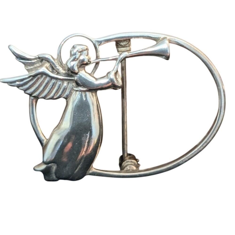 Vintage Jezlaine 925 Sterling Silver Flying Angel Blowing Trumpet Pin